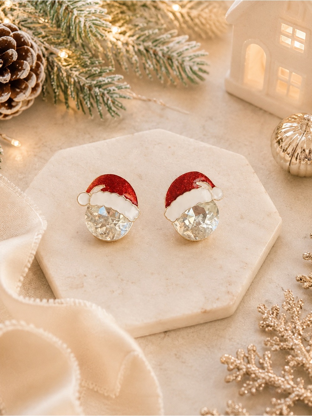 Crystal Stud Earrings with Santa Hat